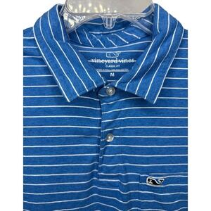 Vineyard Vines‎ Men's Medium Blue White Stripe Polo Shirt Pima Cotton Whale Logo